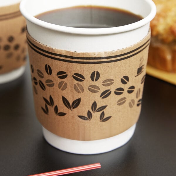 A brown paper coffee cup sleeve with a coffee cup inside.