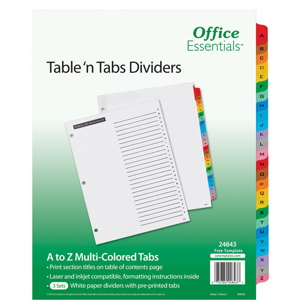 A package of Avery Office Essentials table tab dividers with white file dividers and multicolored tabs.