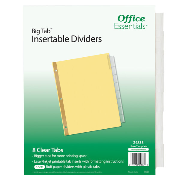 A package of 6 Avery clear tab dividers with buff paper inserts and yellow tabs.
