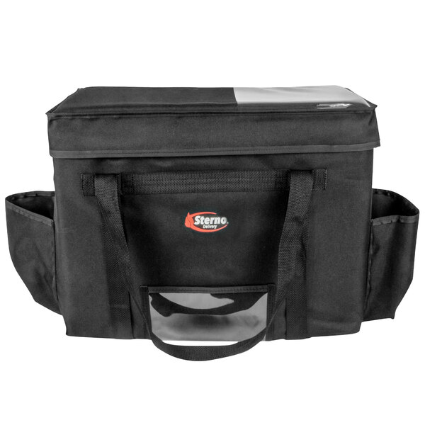 A black Sterno insulated food carrier bag with a handle.
