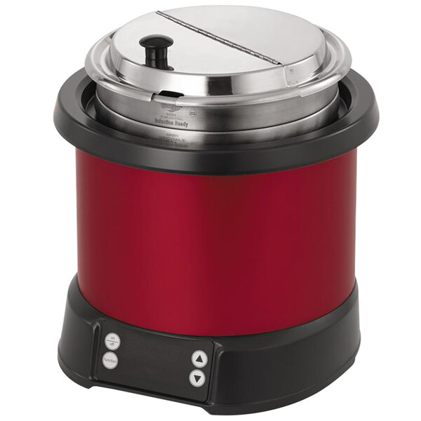 A red Vollrath countertop induction rethermalizer with a lid.