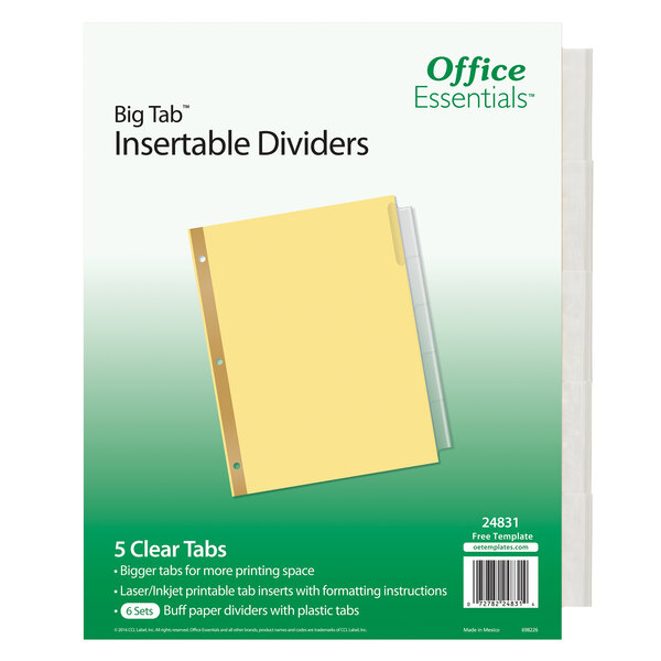 A package of 6 Avery Office Essentials Big Tab clear insertable dividers with buff paper and clear tabs.