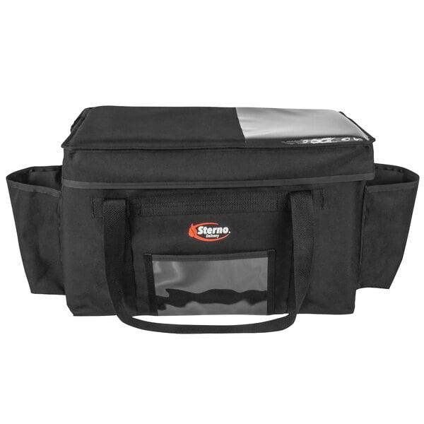 A black Sterno insulated food carrier bag with a handle and a zipper on the front.