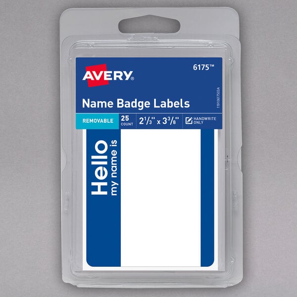 A package of 25 Avery matte white and blue name badge labels.