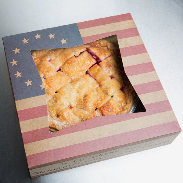 A 10" x 10" x 2" Auto-Popup Window Bakery Box with a pie inside and a vintage American flag design.