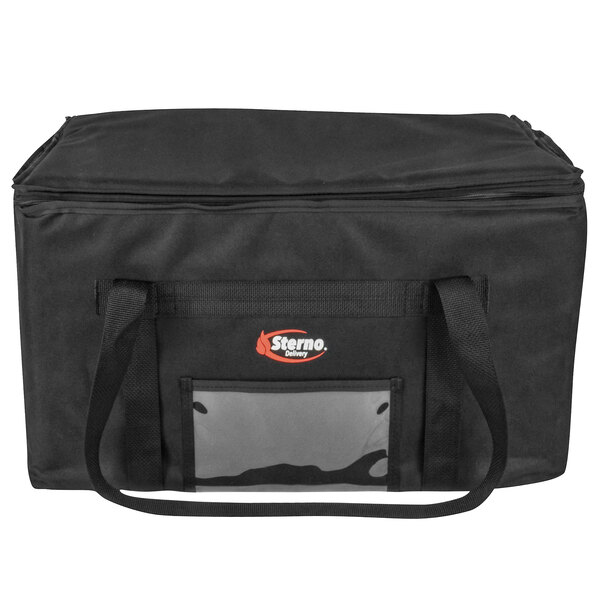 A black Sterno insulated food carrier bag with a black handle and a zipper.
