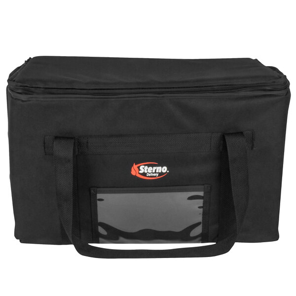 A black Sterno insulated food carrier bag with a clear plastic handle.