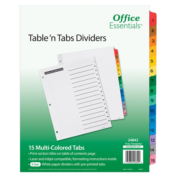 A package of Avery Office Essentials Table 'n Tabs Dividers with white and multi-colored tabs.