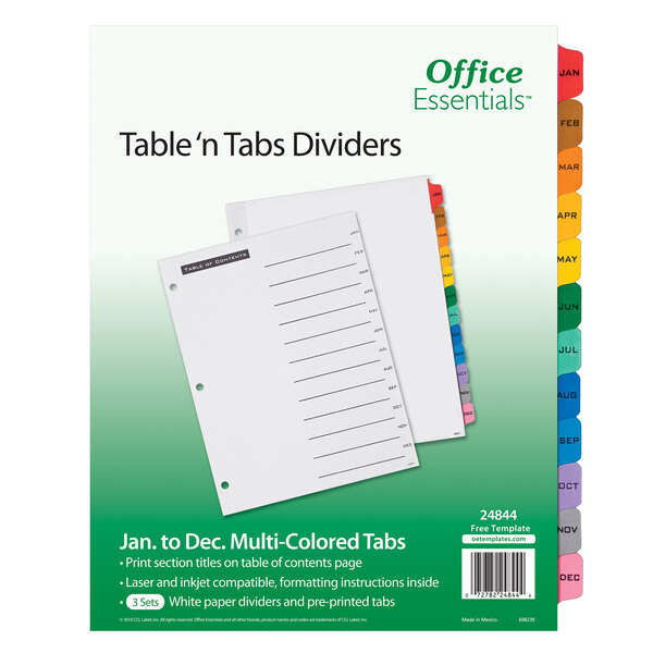 A package of Avery Office Essentials Table 'n Tabs dividers with white pages and multi-color tabs.
