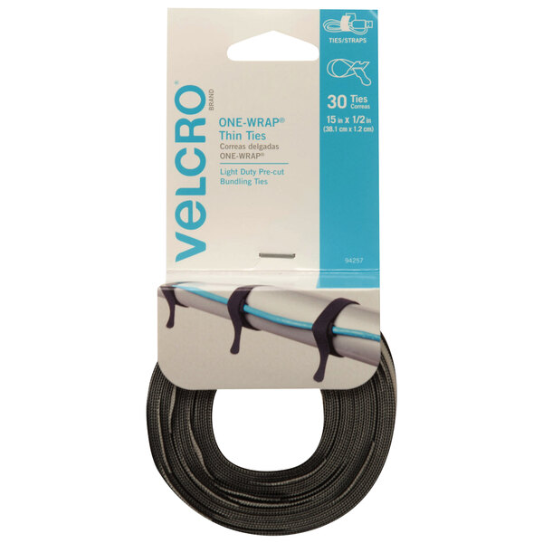 A package of Velcro black cable ties with gray lettering.