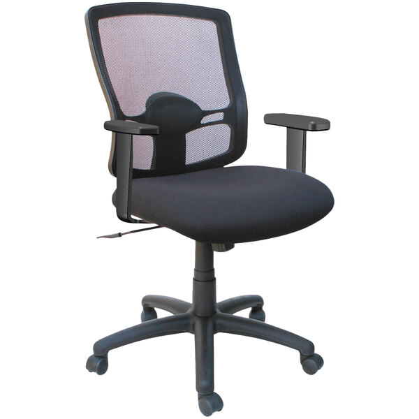 An Alera black mesh office chair with arms and wheels.