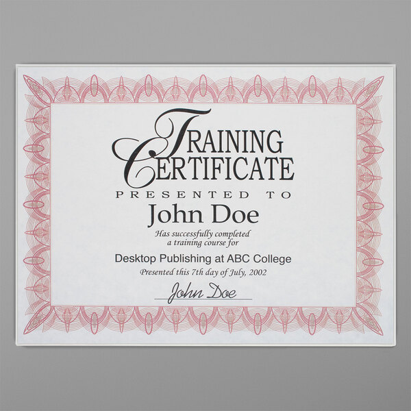 An Advantus clear acrylic wall frame holding a certificate of training with black text on a white background.