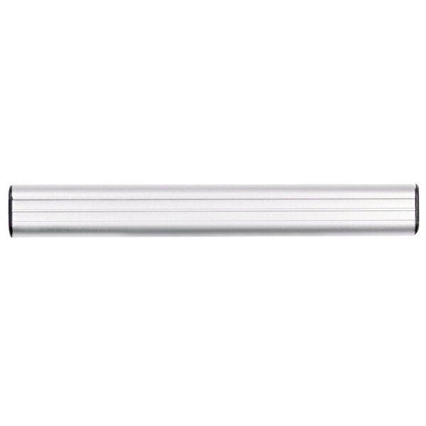 An Advantus silver aluminum display rail with black end caps on a white background.