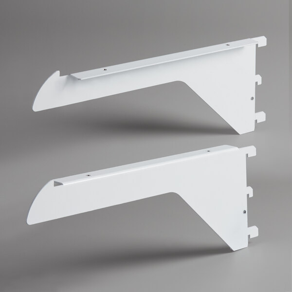 A pair of white metal Avantco air curtain shelf brackets.