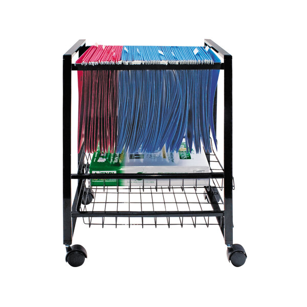 A black Advantus mobile file cart with sliding baskets holding several files.