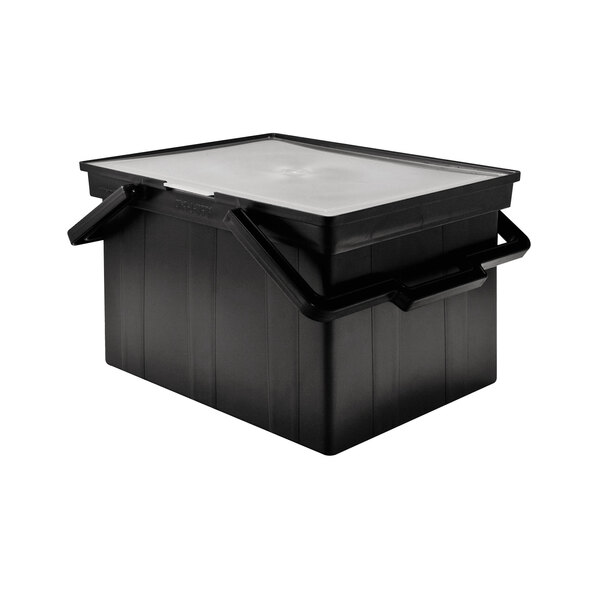 A black plastic Advantus file storage box with a lid.