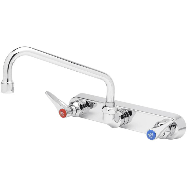 A chrome T&S wall mounted faucet with two blue lever handles.