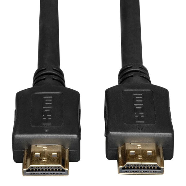 A close-up of a black Tripp Lite HDMI plug with gold connectors.