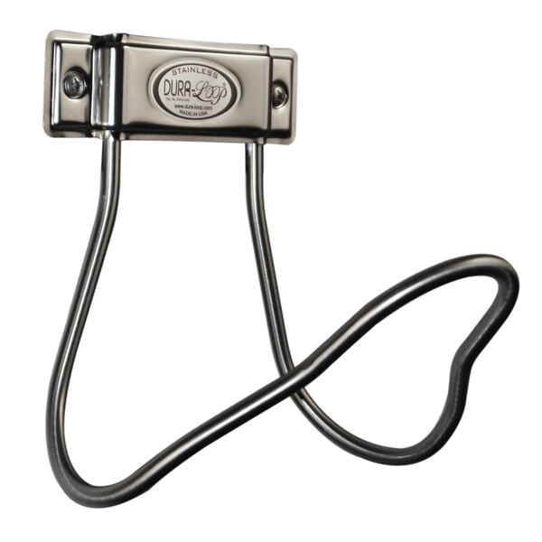 A large stainless steel metal hose hanger with a heart-shaped hook.