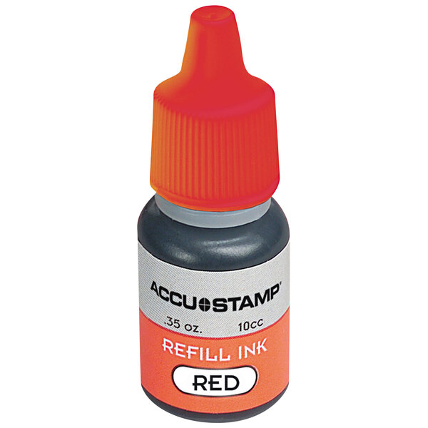 A close-up of a Cosco red ink stamp gel refill bottle.