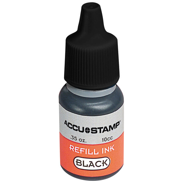 A close-up of a Cosco black ink stamp gel refill bottle.