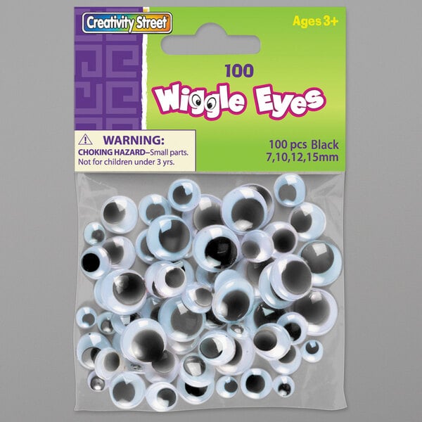 A package of 100 Creativity Street wiggle eyes in a variety of sizes with black chenille stems.