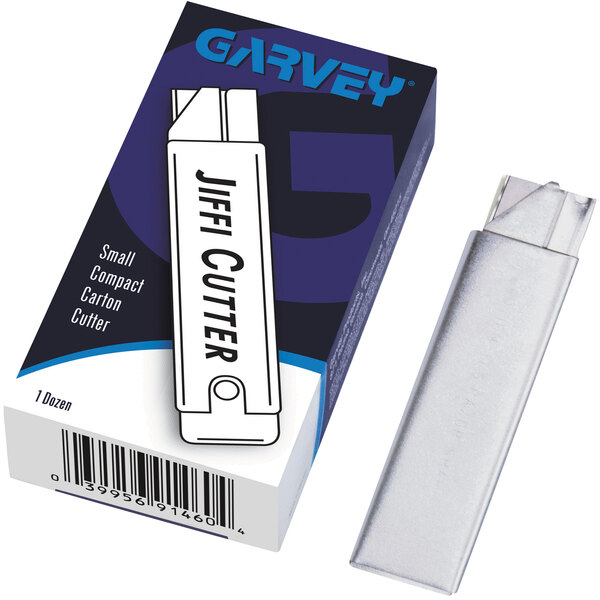 A white box of 12 Garvey Jiffi Compact Utility Knives with silver handles.