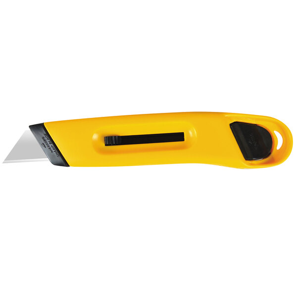 A yellow utility knife with a black handle and blade.