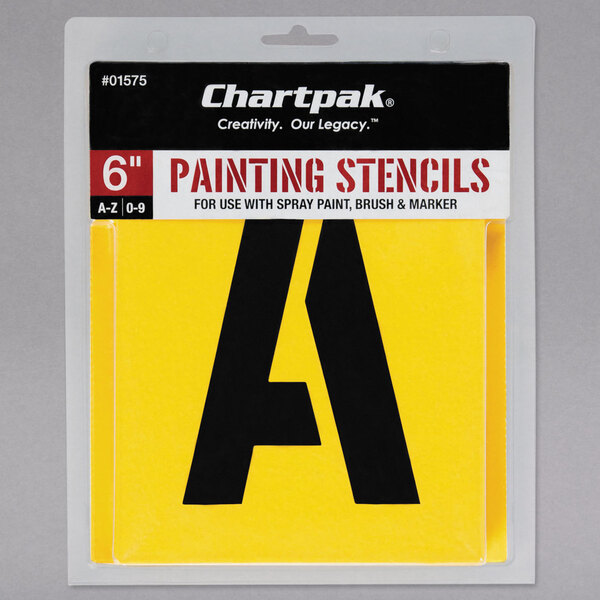 A yellow package of Chartpak Manila painting stencils with black letters and numbers.