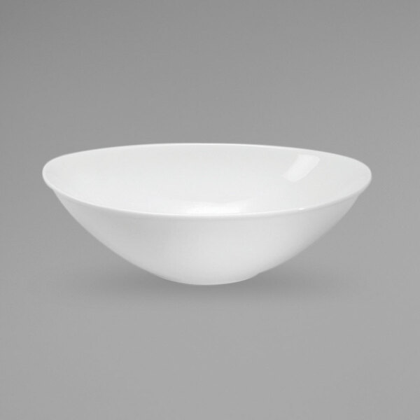 A close-up of a bright white oval bowl.