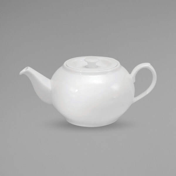 A close up of a Oneida Fusion bright white porcelain tea pot with a lid and spout.