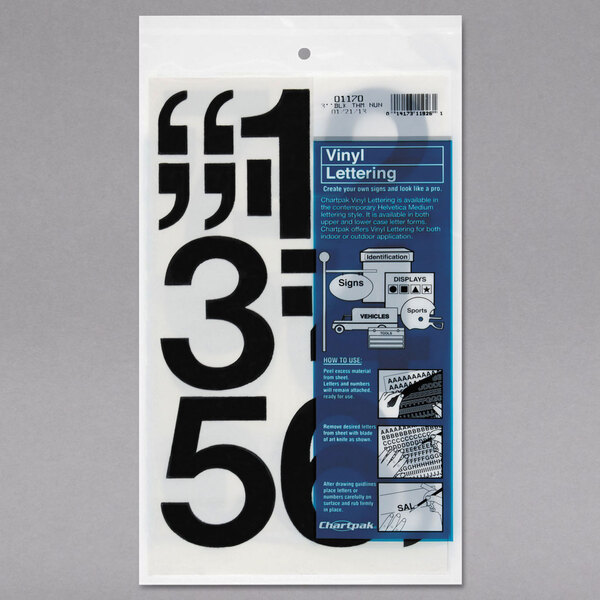 A white plastic package of black Chartpak Helvetica vinyl numbers.