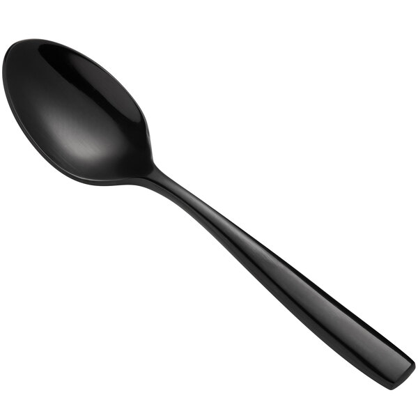 A black stainless steel Bon Chef demitasse spoon with a long handle.