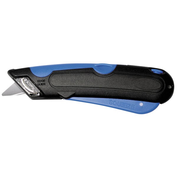 A Cosco EasyCut black and blue safety knife with a black handle.