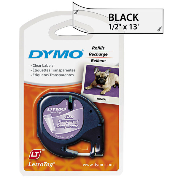 A black DYMO label tape with a clear label on it.
