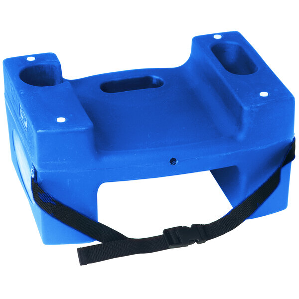 A blue plastic Koala Kare booster seat with a black strap.