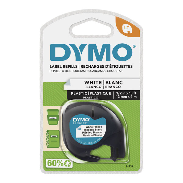 A package of white DYMO plastic label tape with black text reading "DYMO White Plastic Label Tape" on the front.