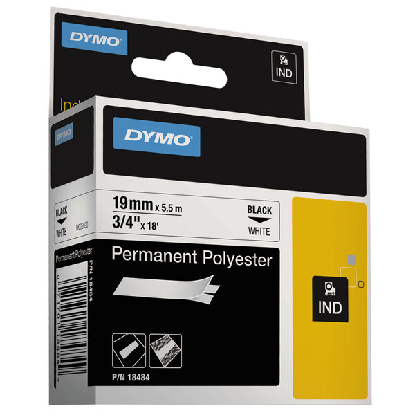 A black and yellow box of DYMO black on white industrial polyester tape with white text.