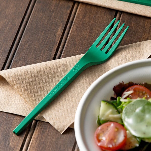 A green EcoChoice CPLA plastic fork on a plate of salad.