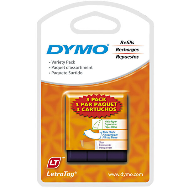A package of 3 DYMO paper and plastic label tapes with rectangles of paper and plastic labels on the package.