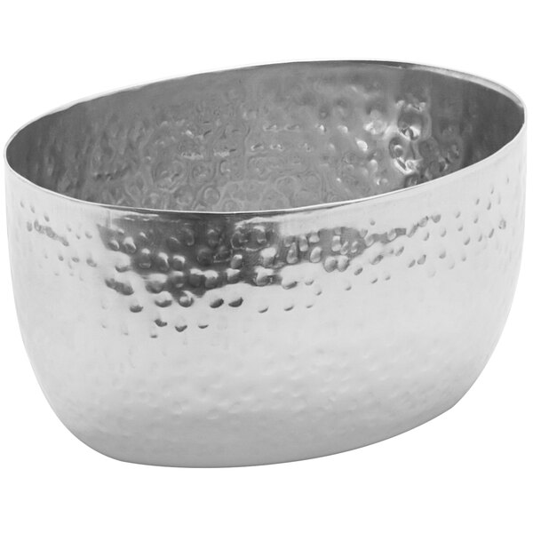An American Metalcraft stainless steel oval sauce cup with a hammered finish.