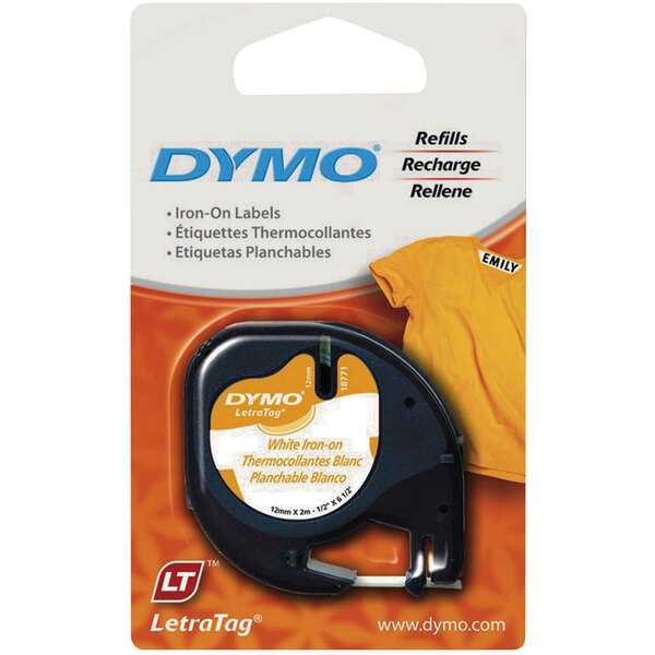 White DYMO LetraTag iron-on fabric label tape with an orange and black label on the packaging.
