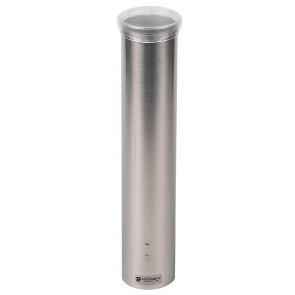 A close-up of a San Jamar stainless steel cup dispenser with a clear lid.