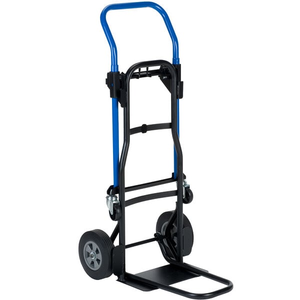 A blue and black Harper hand truck with 8" solid rubber wheels and a nose extension.
