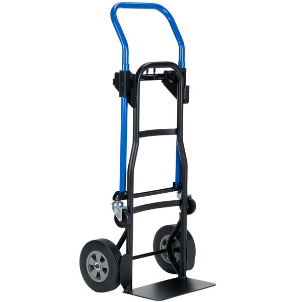 A blue and black Harper 3-in-1 hand truck with rubber wheels.