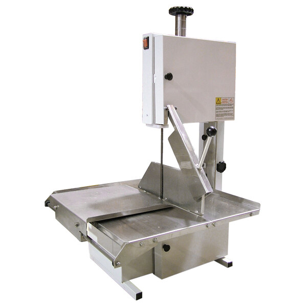 An Omcan tabletop vertical band saw with a white background.