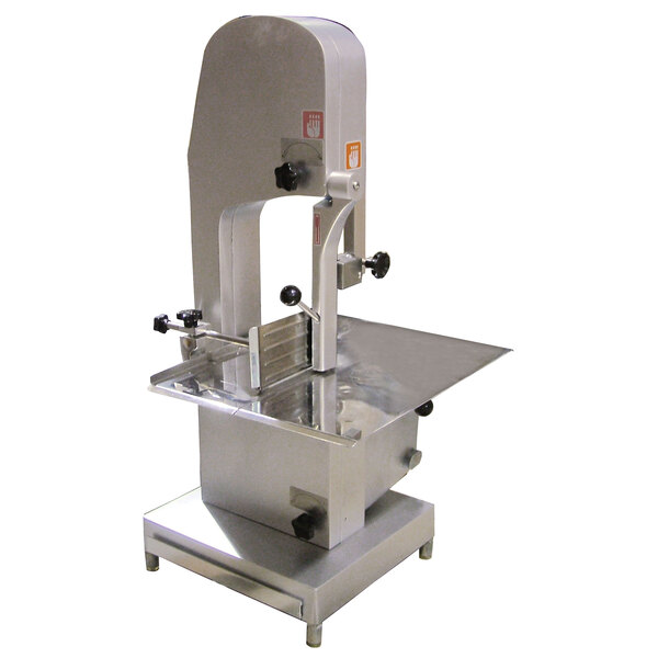 An Omcan tabletop vertical band saw with a metal surface.