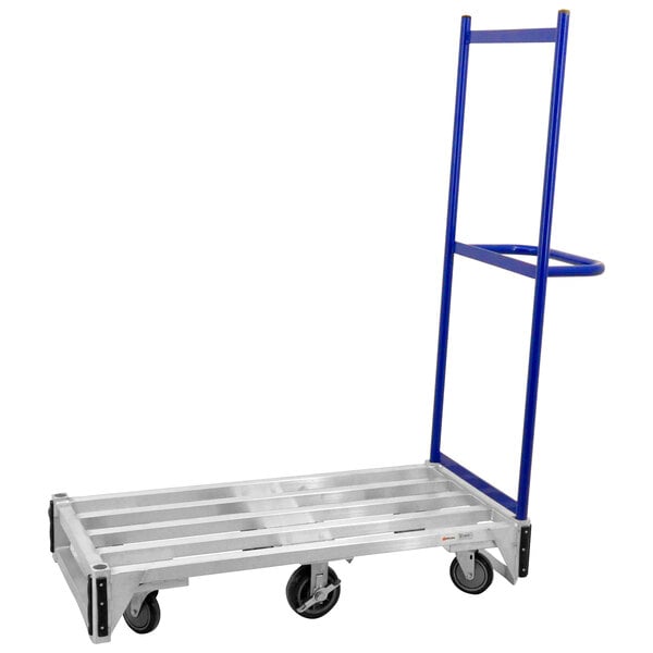An Omcan aluminum stocking cart with a blue handle and four slats.