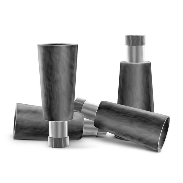 A group of black Alto-Shaam leg cups with silver handles.