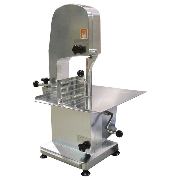 An Omcan tabletop band saw with a metal surface and a blade.
